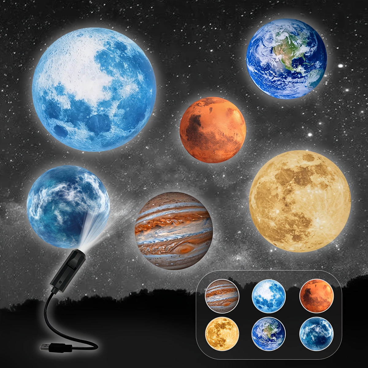 USB moon and planet projector with interchangeable slides