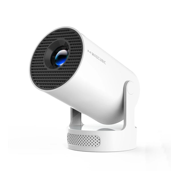 Magcubic HY300 Pro+ mini projector, white capsule body on 180 degree swivel stand