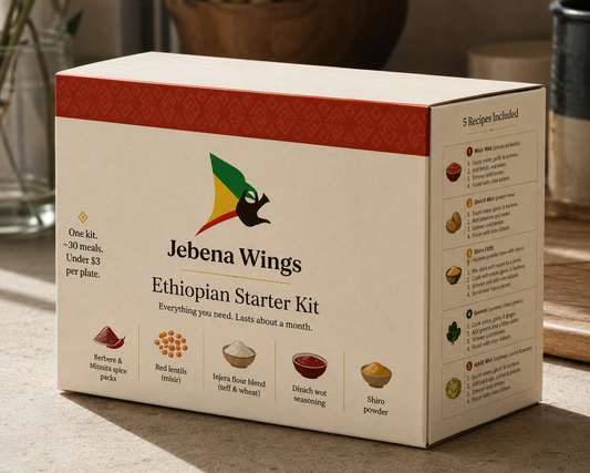 Jebena Wings Ethiopian Starter Kit box on a kitchen counter