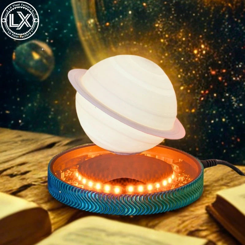 Levitating Saturn lamp floating above its glowing round base
