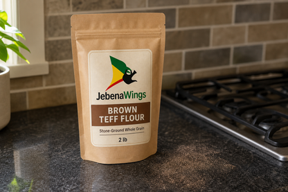 JebenaWings Brown Teff Flour in a real kitchen