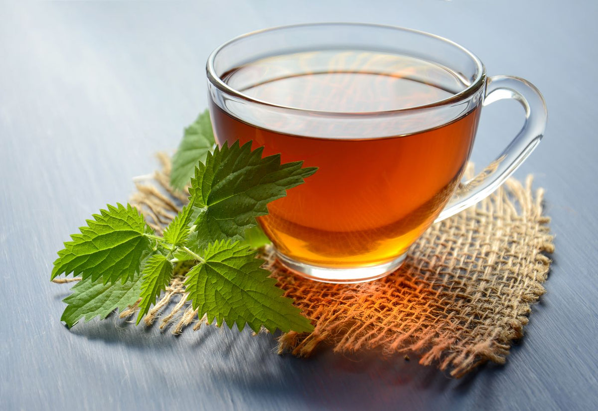 Glass cup of amber herbal infusion with fresh leaves