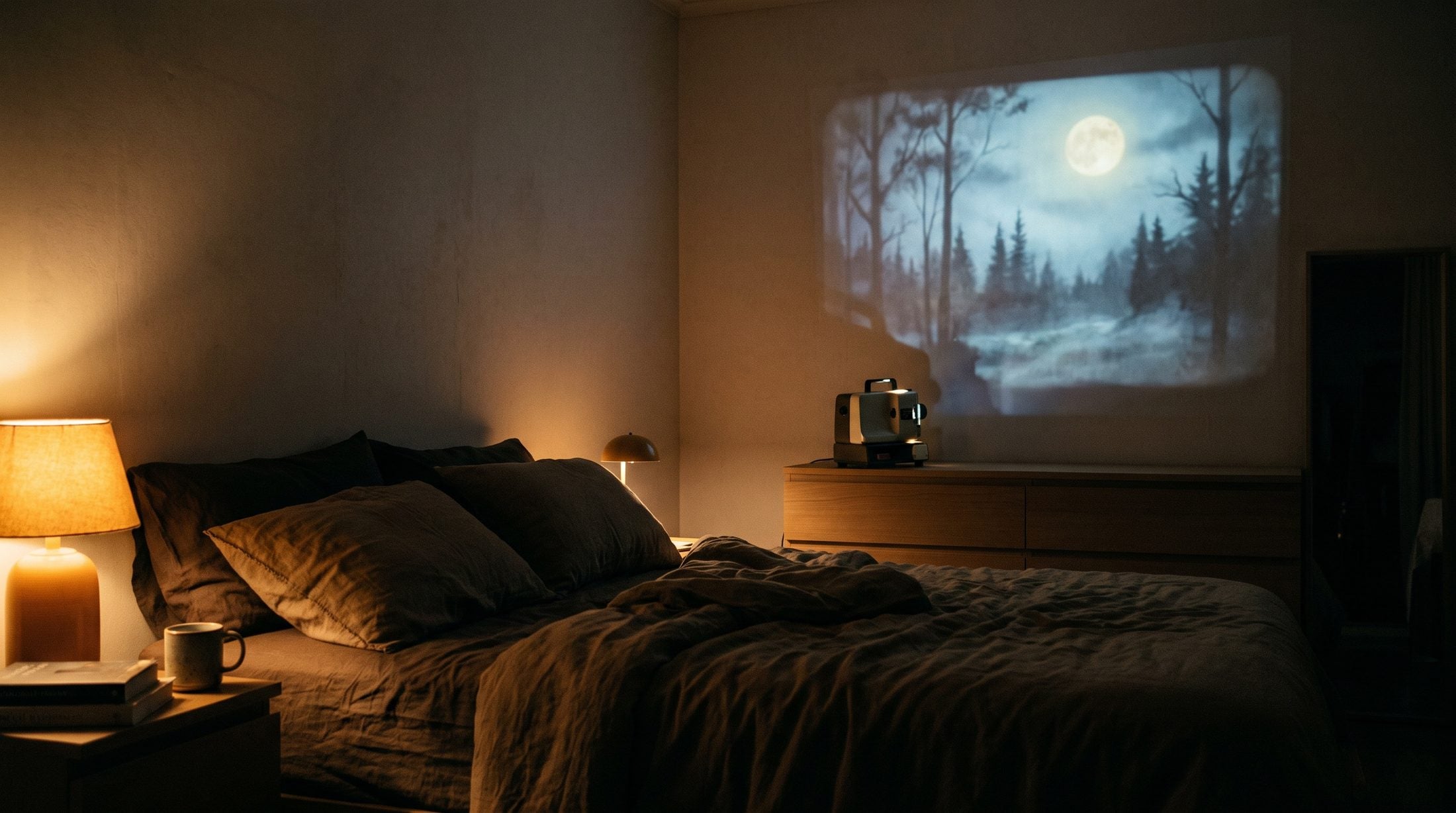 Dark bedroom at night with a projector casting a moonlit forest on the wall